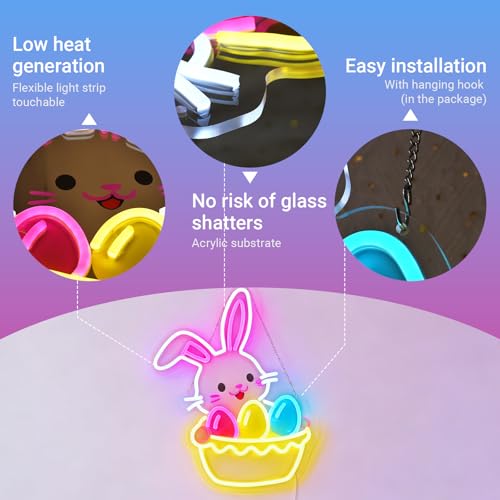 Image of Easter Egg Basket Neon Sign with Bunny - Rabbit Holding Basket Wall Decor, 10-Level Dimmable LED Light, USB Powered Easter Basket Stuffers Gift, 15.7 inchx12.6 inch