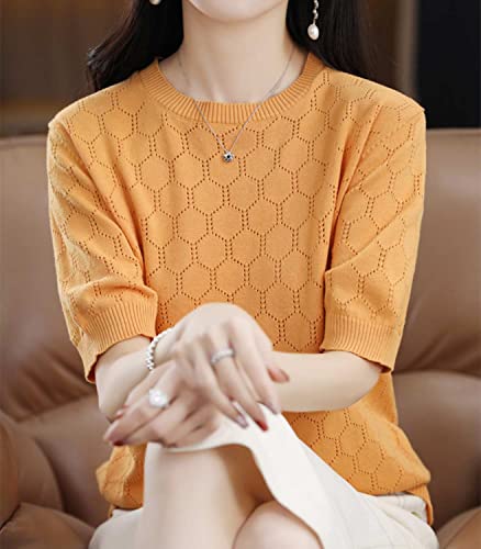 Image of Summer Hollow Out T-Shirt Women's Short Sleeve Sweater Cotton Knitted O-Neck Lightweight Pointelle Breathable Tops