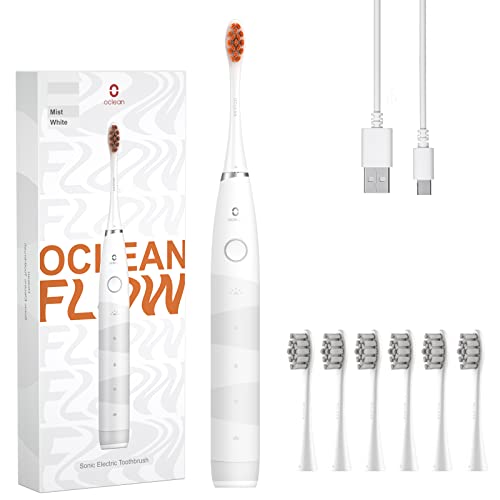 Oclean Flow, Brosse A Dents Electrique Sonique, 5 Modes avec Blanchiment, Autonomie De Batterie pour 180 Jours, Minuterie de 2 Min et Rappel 30 S, IPX7, 6 Têtes de Rechange - Blanc Cover
