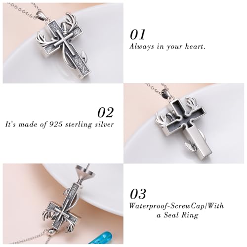 DAOCHONG 925 Sterling Silver Cremation Jewelry Cross Urn Necklace for Ashes for Men Women Fish Hook Memorial Human Pet Urn Pendant Deer Antler Ashes Holder Keepsake Gifts for Loved Ones4