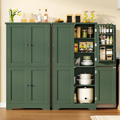 Image of TEENFON 51 inch H Pantry Cabinet with 4 Doors, Kitchen Cabinet with 6 Door Shelves, Kitchen Pantry for Living Room, Dining Room, Bathroom, Green