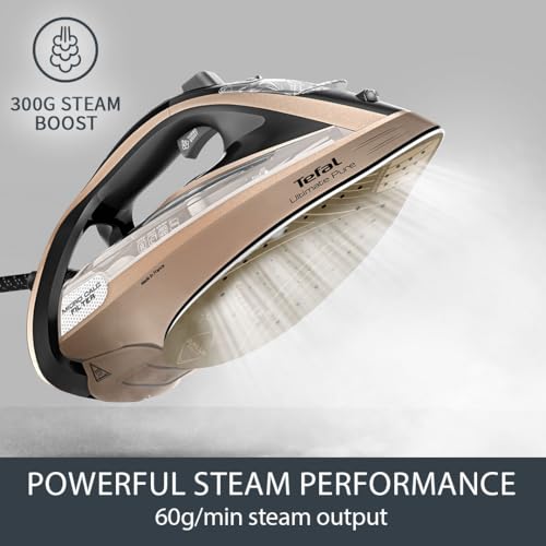 Tefal Ultimate Pure Steam Iron, 3100W, 300g/min Steam Boost, 350ml Water Tank, 2.5m Cord, Non-Stick Durilium Airglide Soleplate, Micro-Calc Filter, Anti Scale, Anti Drip, Black and Bronze FV9854G0