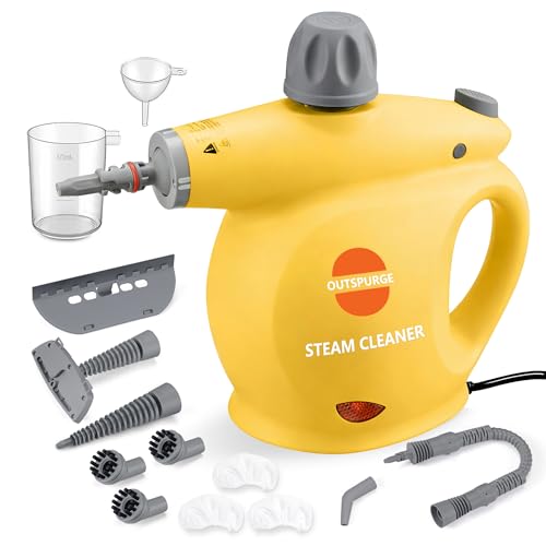 Outspurge Handheld Steam Cleaner, Pressurized Multi-Surface Steam Shot with 13 Accessories, Safety Lock, Steamer for Cleaning Floor, Upholstery, Grout, Windows, Couch and Car (Yellow)