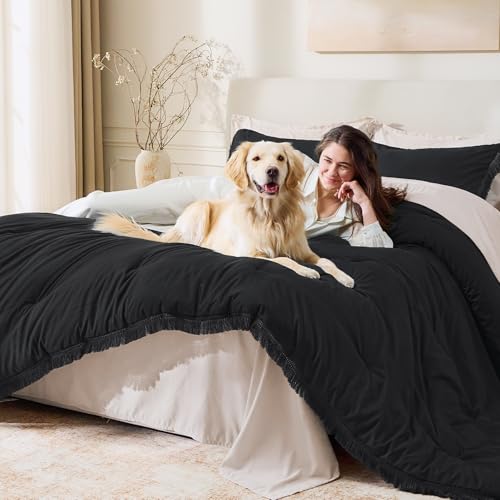 Image of Andency Black Comforter Set Full Size, 3 Pieces Boho Tassel Lightweight Bedding Comforter Sets, All Season Soft Fluffy Fringe Bed Set (79x90In Comforter & 2 Pillowcases)