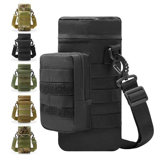 Molle Water Bottle Pouch, Tactical Black Water Holder Carrier with Pocket Stap for Hiking Camping