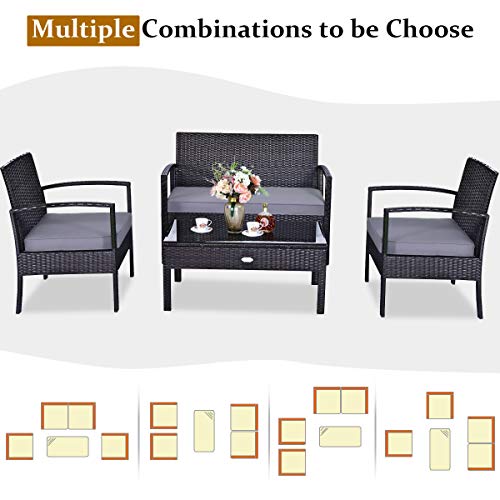 Image of Carry Bird 4 Piece PE Wicker Rattan Outdoor Furniture | 4 Seater Balcony Sofa With Tea Table | Set of 2+1+1 Outdoor Patio Chairs with Coffee Table | Sofa Sets & Center Table for Home & Garden | 3 Piece Patio Stools with Table | Indoor Patio Furniture Set Space Saving | Rattan Chair | Patio Set | Wicker Conversation Set | Poolside Lawn Arm Chairs Set For Balcony & Terrace | Balcony Table chair Set | Hotel Patio Seating Chair & Table Set with Glass | Brown Sofa Grey Cushion