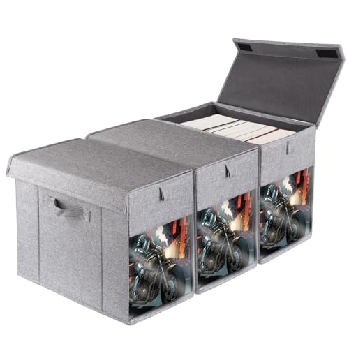 Image of 3 Pack Comic Book Storage Box with Lid, Collapsible Magazine Organizer with Clear Window, Heavy Duty Case Container Holder, Grey