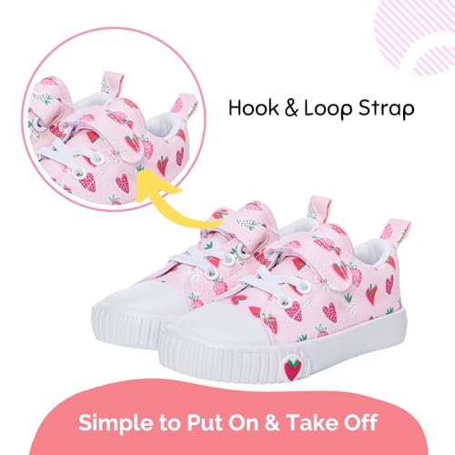 waddle wonder Strawberry Print Toddler Shoes for Girls, Canvas Casual Baby Sneakers, Non-Slip Rubber Sole, Educational Left-Right Design Pink Size 6-104