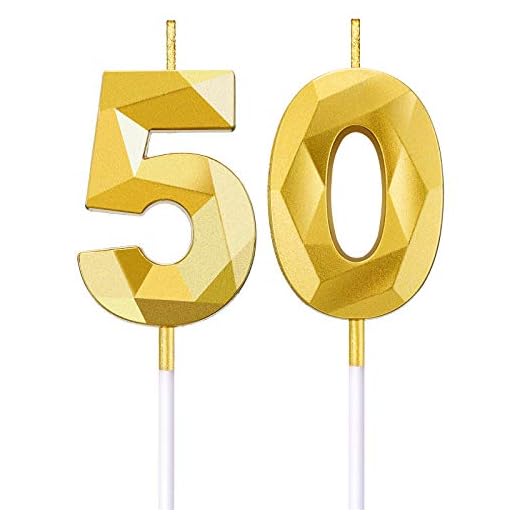 Velas de Número de Cumpleaños 50 Velas de Pastel en Forma de Diamante 3D Topper Decoración de Torta de Número 50 para Celebración Aniversario Bodas Cumpleaños, Oro
