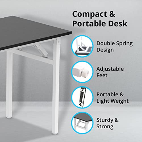 Halter Folding Desk Table For Small And Large Spaces, Collapsible Computer Desk For Office, Bedroom, And Study - 47” Space-Saving Portable, Foldable Study Table - Black Desk, White Frame #TOP3