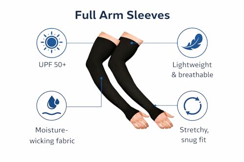 Image of BENAVJI Arm Sleeves for Men & Women UV Protection Hand Sleeve with Thumb for Boys & Girls Sun Protection Cover for Running, Bike Riding, Cricket - Nylon - Black- 2 Pair