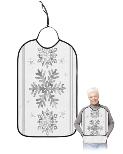 Grey Snowflake Adult Bib for Adults Men, Women, Washable & Adjustable Terry Cloth Bib with Crumb Catcher Reusable Waterproof Clothing Clothes Protector Apron Winter Christmas Stripes Holiday