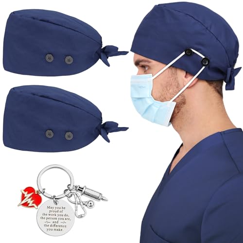 Image of 2 Pcs Satin Lined Scrub Cap Nurse Hats for Women Men 4 Buttons