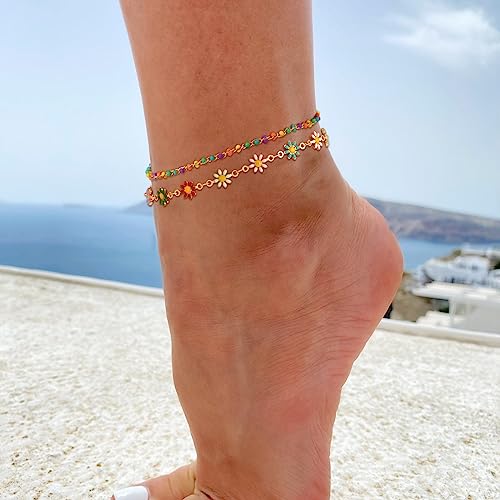 Image of MTMY Gold Anklets for Women 14K Gold Plated Tiny Bead Anklet Colorful Tassel Foot Chain Dainty Adjustable Cute Summer Beach Boho Anklets Jewelry Gift