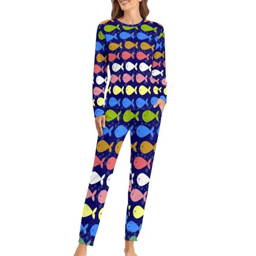 Pyjama femme Poisson Couleur t-shirt manches longues pantalon vêtement de nuit sleepwear