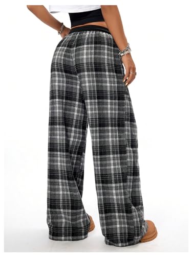 Floerns Women's Drawstring Waist Pants Plaid Print Wide Leg Athletic Running Pants2