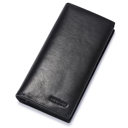 Image of HISCOW Full Grain Leather Men's Long Wallet, 15 Card Slots, Black Vegetable-Tanned Leather, One Size, Classic | Gusseted bill compartment, tall bifold design, clear ID window, ideal for coat pockets or briefcases, turned-edge, gift box
