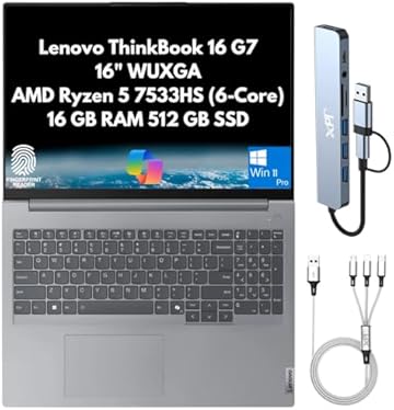 ThinkBook 16 G7 Business Laptop 2026,16" WUXGA Display, AMD Ryzen 5 7533HS (Beats i7-1255U), 16GB DDR5 RAM, 512GB PCIe SSD, Wi-Fi 6, Bluetooth, RJ-45, Webcam, Fingerprint Reader, Copilot W11Pro