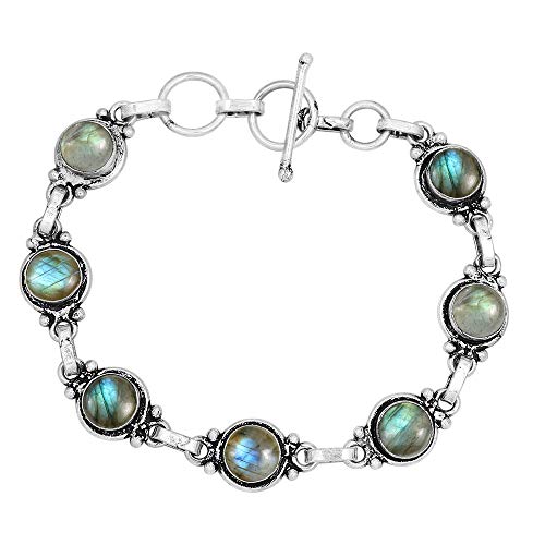 Natural Labradorite 925 Silver Plated Light Weight Trendy Bracelet for Women - Round Gemstone Vintage Style Handmade Adjustable Link Bracelet - Women's Day Gifts for Her
