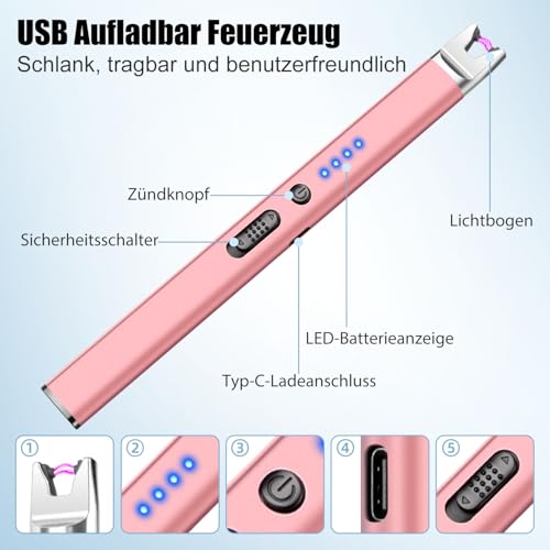 LcFun Briquet à Arc électrique de Type C, Rechargeable, Coupe-Vent, Long, Rechargeable par USB, pour Cuisine, cuisinière, Camping, cheminée, feu d'artifice (Rose) – vue 5