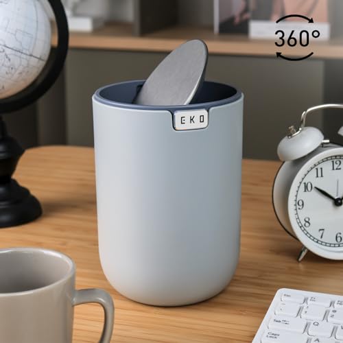 Image of EKO Mini Desk Trash Can with Swing-Top Lid 0.4 Gallon Small Table Round Wastebasket for Office, Home, Car (Grey)