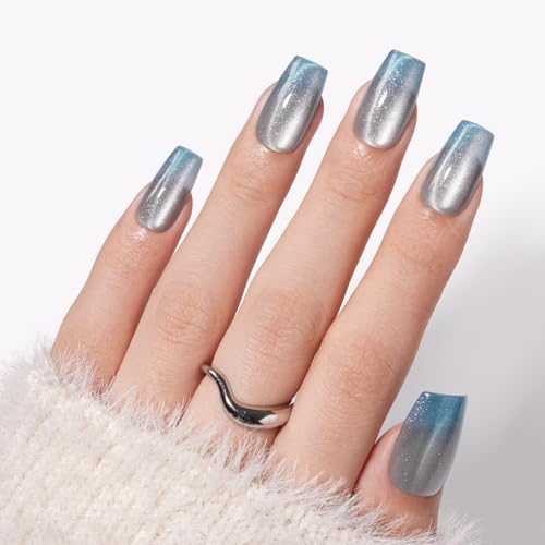 VSALON Medium Coffin Press on Nails, Silver Blue Cat Eye Fake Nails