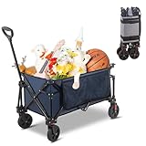 Collapsible Folding Wagon Cart, 220LBS Heavy Duty Foldable Utility Garden Cart with All Terrain Wheels & Side Storage Bag, Portable Sports Wagon for Camping, Shopping, Garden.(Blue) -  Yardsight