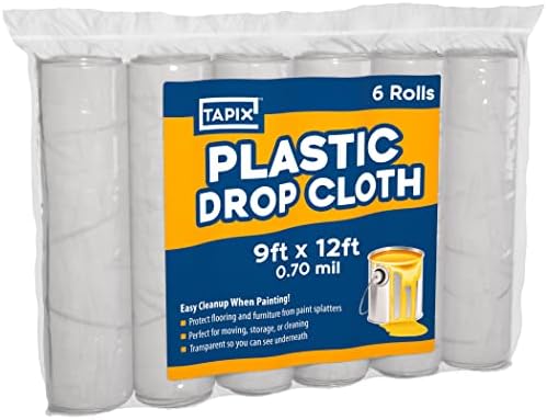 Painters Plastic Drop Cloth 6 Pack, 9x12 Feet, Plastic Tarp Dust Cover, Plastic Covers for Furniture, Plastic Drop Cloth for Painting, Painting Tarp