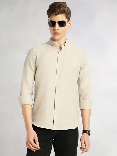 Image of Thomas Scott Men's | Solid | Textured Fabric | Full Sleeve | Slim Fit | Polyester-Blend | Spread Collar | Casual Shirt