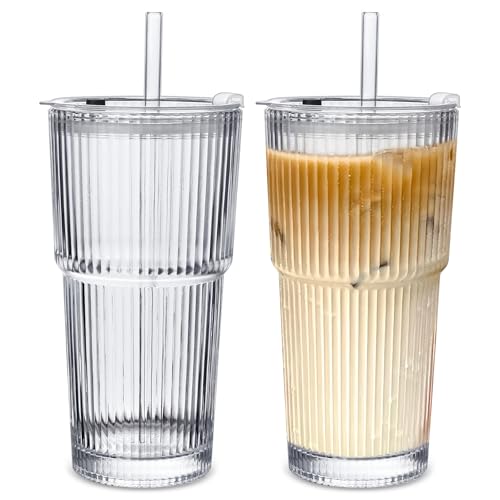 Wieat Glass Tumblers, 2Pcs Ribbed Tumblers with Lids and Glass Straws, Drinking Jars, Leakproof Cups for Iced Coffee, Cocktail, Tea, Smoothie (550ML)