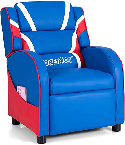 HONEY JOY Kids Recliner, Youth Gaming Reclining Chair w/Side Pocket, Ergonomic Headrest & Footrest, Upholstered Leather Lounge Chair for Boys Girls, Manual Adjustable Single Sofa Chair for Living Room