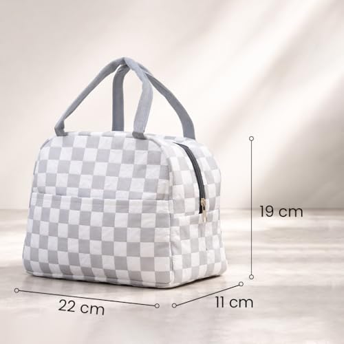 Image of The Earth Store White Check Insulated Lunch Bag for Office, Men, Women | Travel Tiffin Bag with Handle, Waterproof & Leakproof | Reusable Thermal Lunch Box Bags