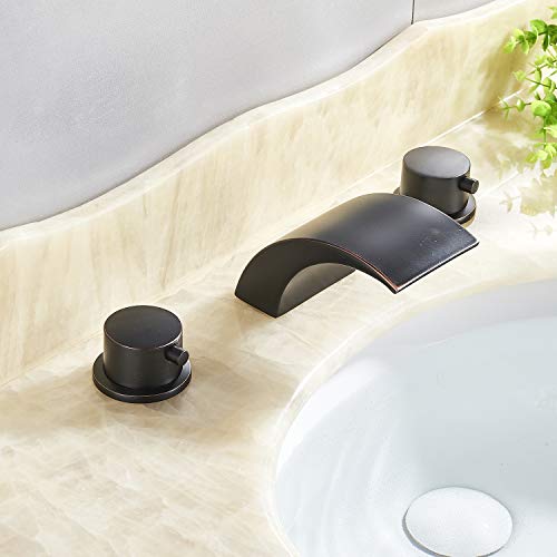 Senlesen Deck Mount Double Handles 3 Holes Waterfall LED Light Widespread Bathroom Sink Faucet Oil Rubbed Bronze