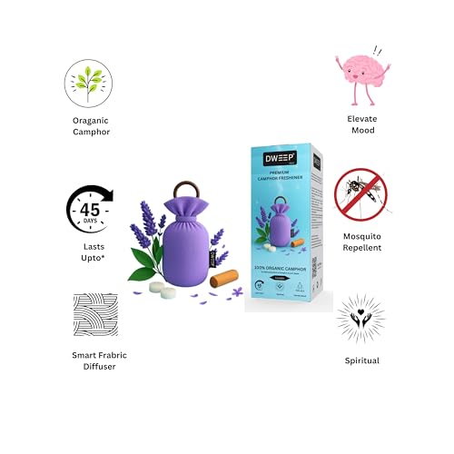 Image of Dweep Organic Camphor Air Freshener Pack of 2 | 100% Camphor Based | Long Lasting Freshener for Car, Wardrobe, Office Cabin, Travel Bag & Bathroom | Natural Odor Control (LAVENDER-SANDALWOOD)