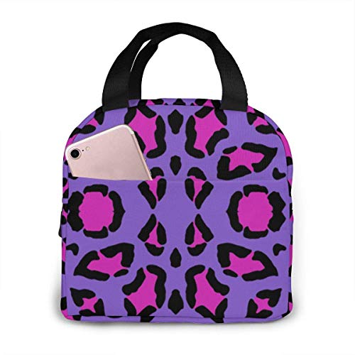 Yuanmeiju Estampado de leopardo Rosa fuerte sobre morado Bolsa de picnic con aislamiento térmico Tote Bento Gran preparación de comidas Bolsa linda Bolsas grandes a prueba de fugas para lonchera