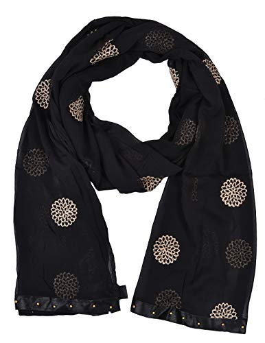 Image of YOUTHQUAKE Golden Floral Embroidery Work Chiffon Dupatta for Womens & Girls with Fancy Moti Lace