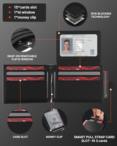 Wallet for Men with Stealth Pocket for AirTag, 3 in 1 Design, Removable ID Window, RFID Blocking, 15 Card Capacity, Slim Carbon Fiber, Bill Divider, Wallet with Gift Box, Hidden Storage for AirTag2