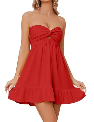 Image of HOCANDY Womens Strapless Mini Dress Twist Knot Front Cut Out Babydoll Dress Smocked Backless Ruffle Hem Tube Dresses
