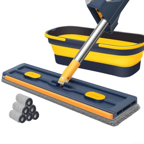 Mopa plana giratoria de 360 grados para azulejos de madera dura y con mango de acero inoxidable ajustable para reducir la tensión física (cubo plegable azul)