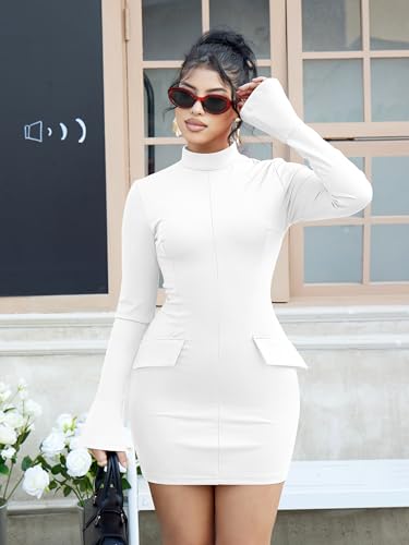 Image of YMDUCH Women's Long Sleeve Mock Neck Bodycon Mini Party Dress | Stretch,Flare Sleeve,Formal,Back Zipper,Elegant,Comfy,Casual,Fitted,Solid,Party,Date Night,Club,Birthday,Fall,Spring,Short