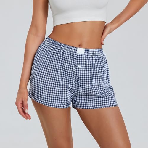 Image of Women Y2k Gingham Boxer Shorts Plaid Striped Cute Mini Bloomers Elastic Waist Loose Fit Summer Shorts