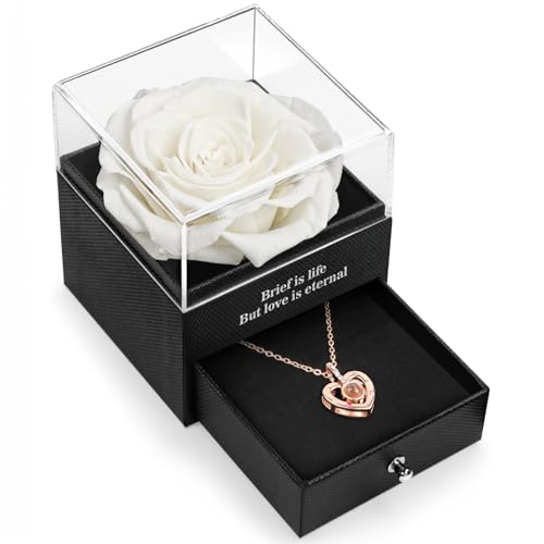 HEGUD for Mom Wife Women Preserved Real Rose with I Love You Necklace in 100 Language for Her Girlfriend, White Eternal Rose Flower Gifts for Valentine's Day Birthday Anniversary