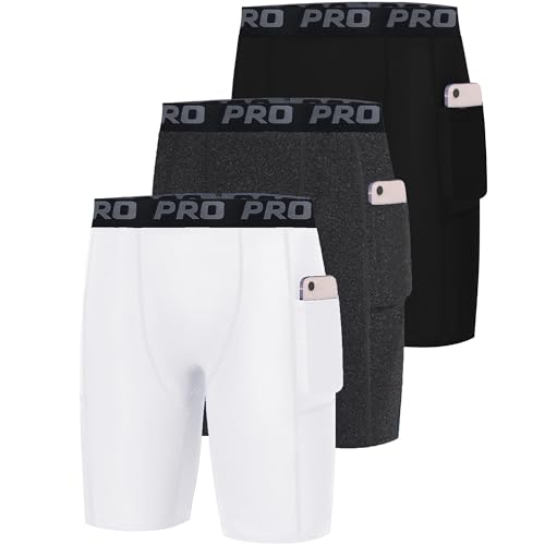 Pacote com 3 shorts de compressão para meninos com bolsos, shorts esportivos esportivos de futebol e