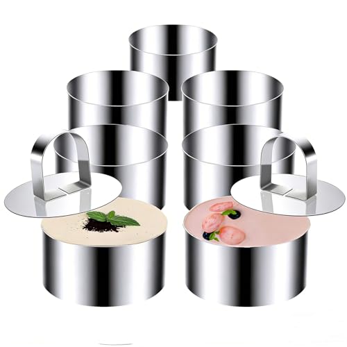 KUAYB Round Cake Ring Molds, Stainless Steel Cake Rings 3 Inch Cooking Pastry Ring Molds with Pushers for Pancakes Mousse Dessert Baking (Include 6 Rings & 2 Pushers) by KUAYB - Used condition - US$8.09