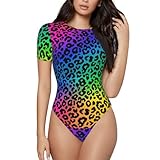 Meaudiwes Women Crew Neck Short Sleeve Bodysuit Sexy Thong Bodysuit Shirts Rainbow Cheetah Skin Leopard Print, Breathable Stretch Bodysuit Jumpsuit for Summer