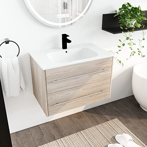 Ssline Wall Mounted Bathroom Vanity With Sink Modern 30" Floating Bathroom Vanity With Top Basin & Storage Drawers White Oak Wood Hanging Bath Cabinet W/Gel Sink And Silver Handle For Small Space #TOP3