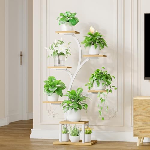 Image of BACEKOLL Plant Stand Indoor with Grow Lights, 7 Tiered Indoor Plant Shelf, 49 inch Corner Plant Stands for Indoor Plants, Metal Plant Flower Display Shelf, Tree-Shaped Plant Rack for Home, Patio, Natural