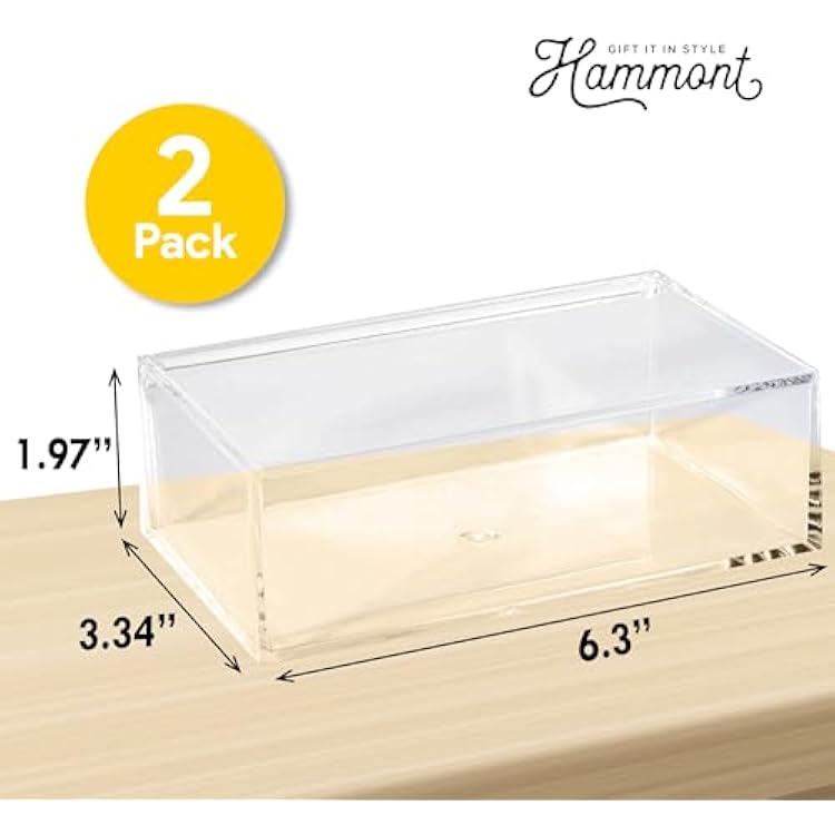 Hammont Clear Acrylic Box with Hinged Lid Small Plastic Organizer for Office, Desk, Makeup, Crafts, Cotton Balls, Jewelry & More | 6.5x3.5x2 (2 Pack)