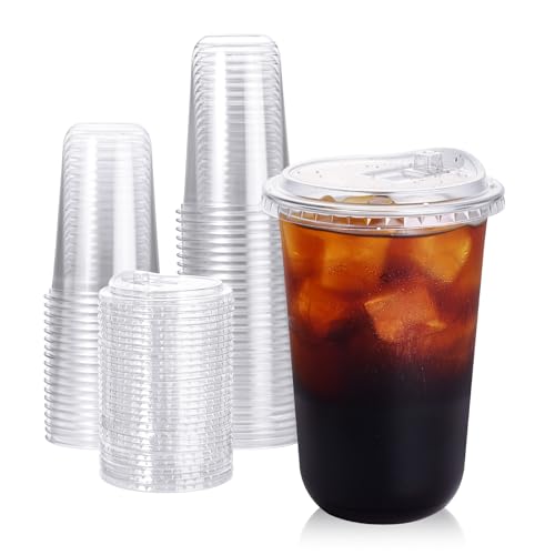 Turbo Bee 50 Pack - 16 oz Round Bottom Clear Plastic Cups with Strawless Sip - Lids Disposable To Go Coffee Cups with Sippy Lids for Iced Coffee Cold Drinks and Beverages
