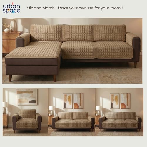 Image of Urban Space Velvet Embroidery Quilted Sofa Cover mat, Premium 1 Seater Non-Slip Sofa slipcover, Easy Care & Machine Washable, Seat Runner for Couch for Living Space (1 Seater - Box Grid - Soft Brown)